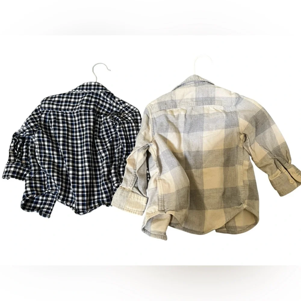 Set of 2 Overalls plaid shorts + long beige & 2 plaid shirts size 12months